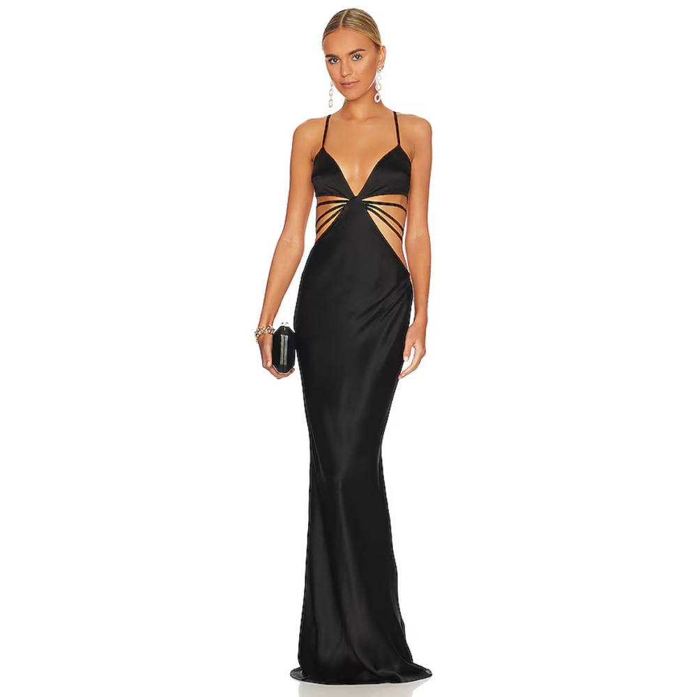 Retrofête Selma Dress Black Satin Cutout Strappy Maxi Dress NWT Size XL 1X